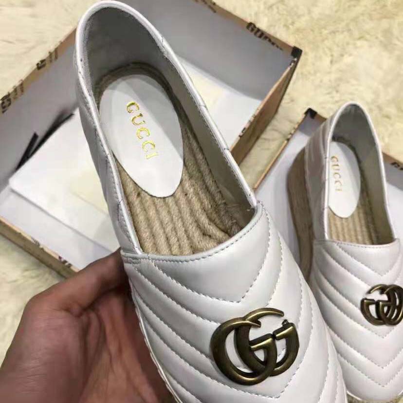 Gucci Women Chevron Leather Espadrille with Double G in 5.1 cm Height-White