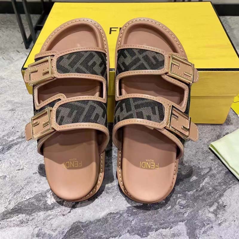 Fendi Women FF Fendi Feel Brown FF Fabric Slides 0.5 Cm Heel