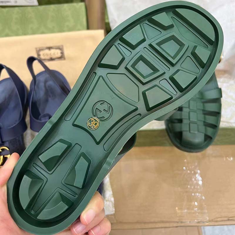 Gucci Unisex GG Sandal Double G Transparent Emerald Green Rubber Flat