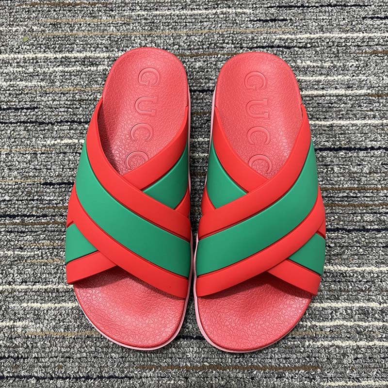 Gucci Women Web Slide Sandal Green Red Rubber Web Straps Rubber Sole Flat
