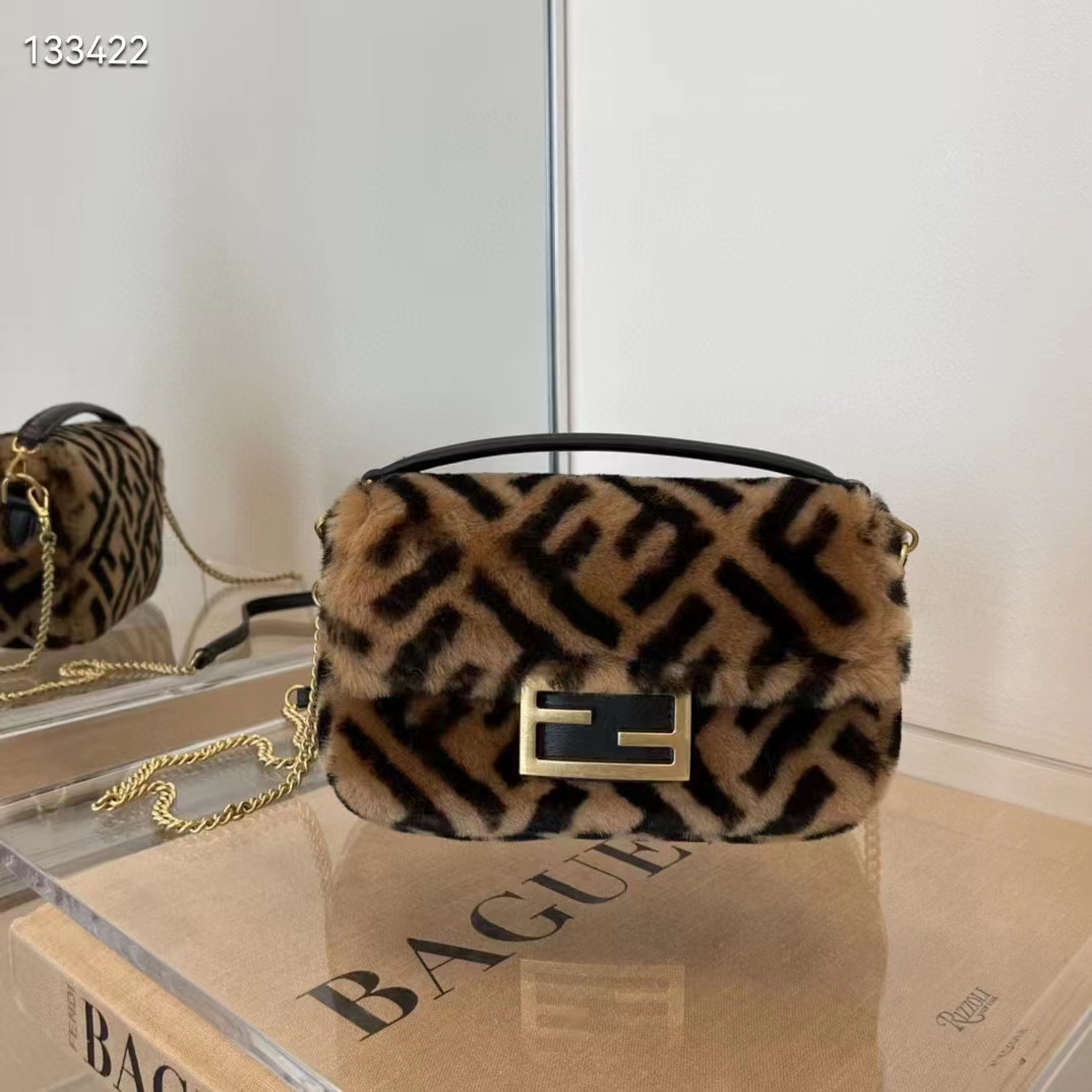 Fendi Women Mini Baguette Brown Sheepskin Sheep Fur Calfskin Bag