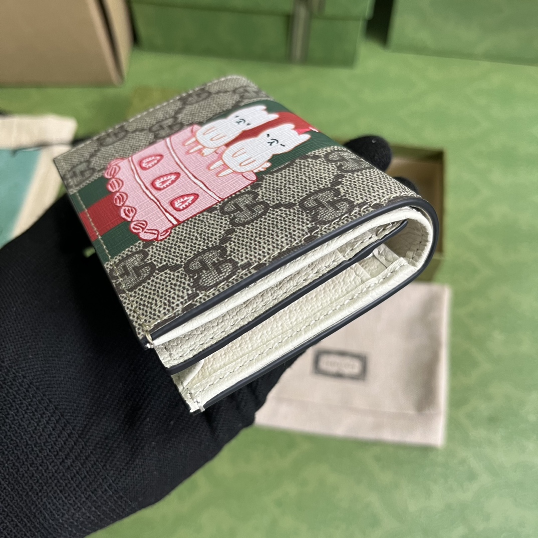 Gucci Unisex Animals Print Card Case Wallet Beige Ebony GG Supreme Canvas