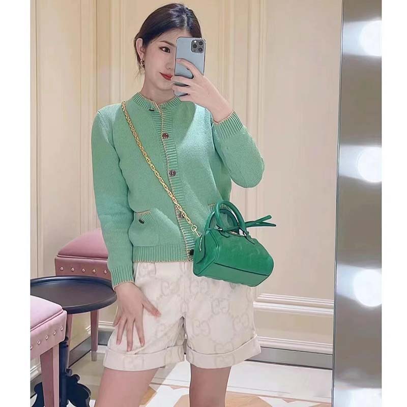 Gucci Women Marmont Leather Mini Bag Bright Green GG Matelassé Leather