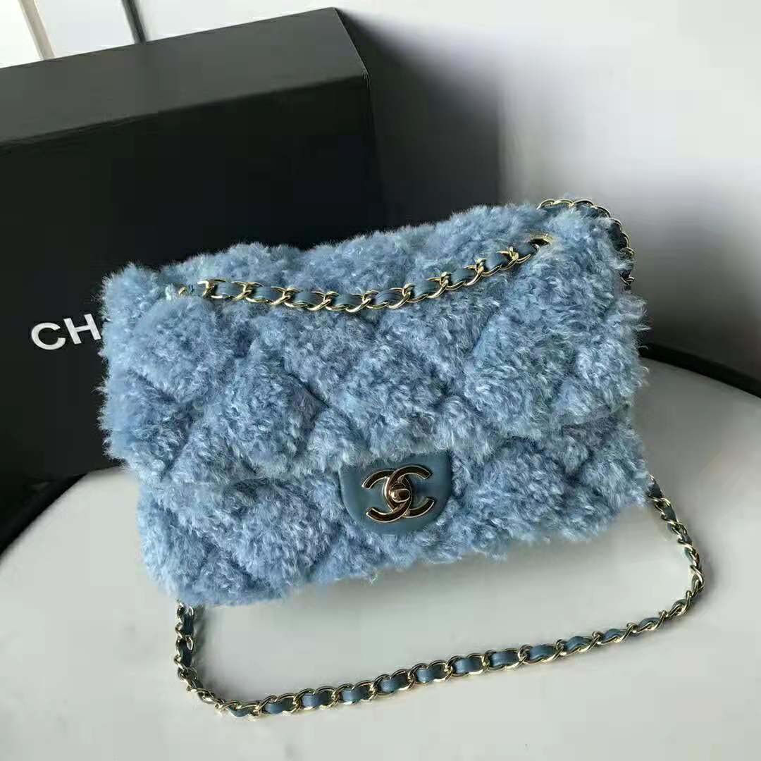 Chanel Women Flap Bag in Shearling Lambskin Leather-Blue