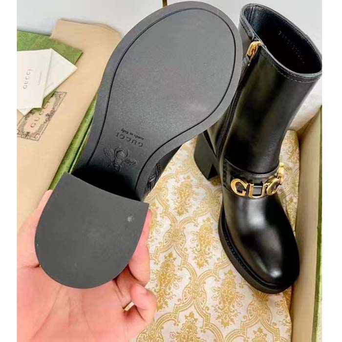 Gucci Women GG Gucci Boot Black Leather Script Rubber Sole Side Zip Closure Mid-Heel