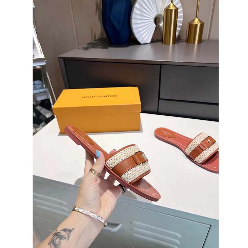 Louis Vuitton LV Women Lock It Flat Mule Cognac Brown Raffia Calf Leather