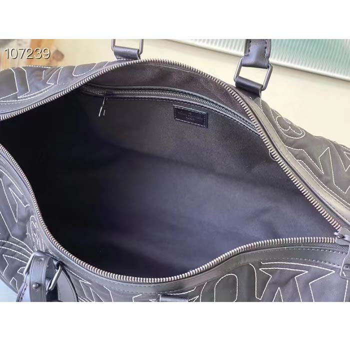 Louis Vuitton LV Unisex Keepall 50B Black Nylon Cowhide Leather Signature Embroidery
