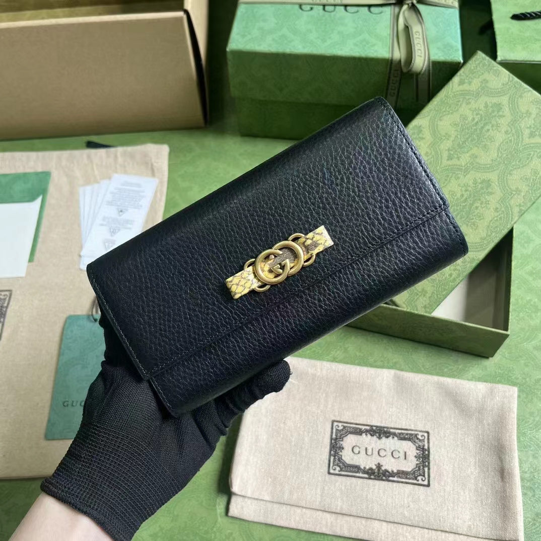 Gucci Unisex GG Wallet Interlocking G Python Bow Black Leather Moiré Lining
