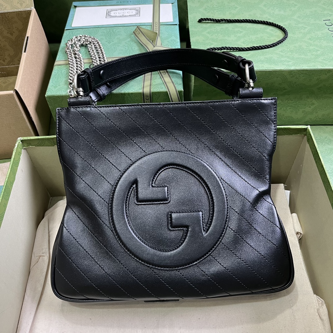 Gucci Women GG Blondie Small Tote Bag Black Leather Round Interlocking G