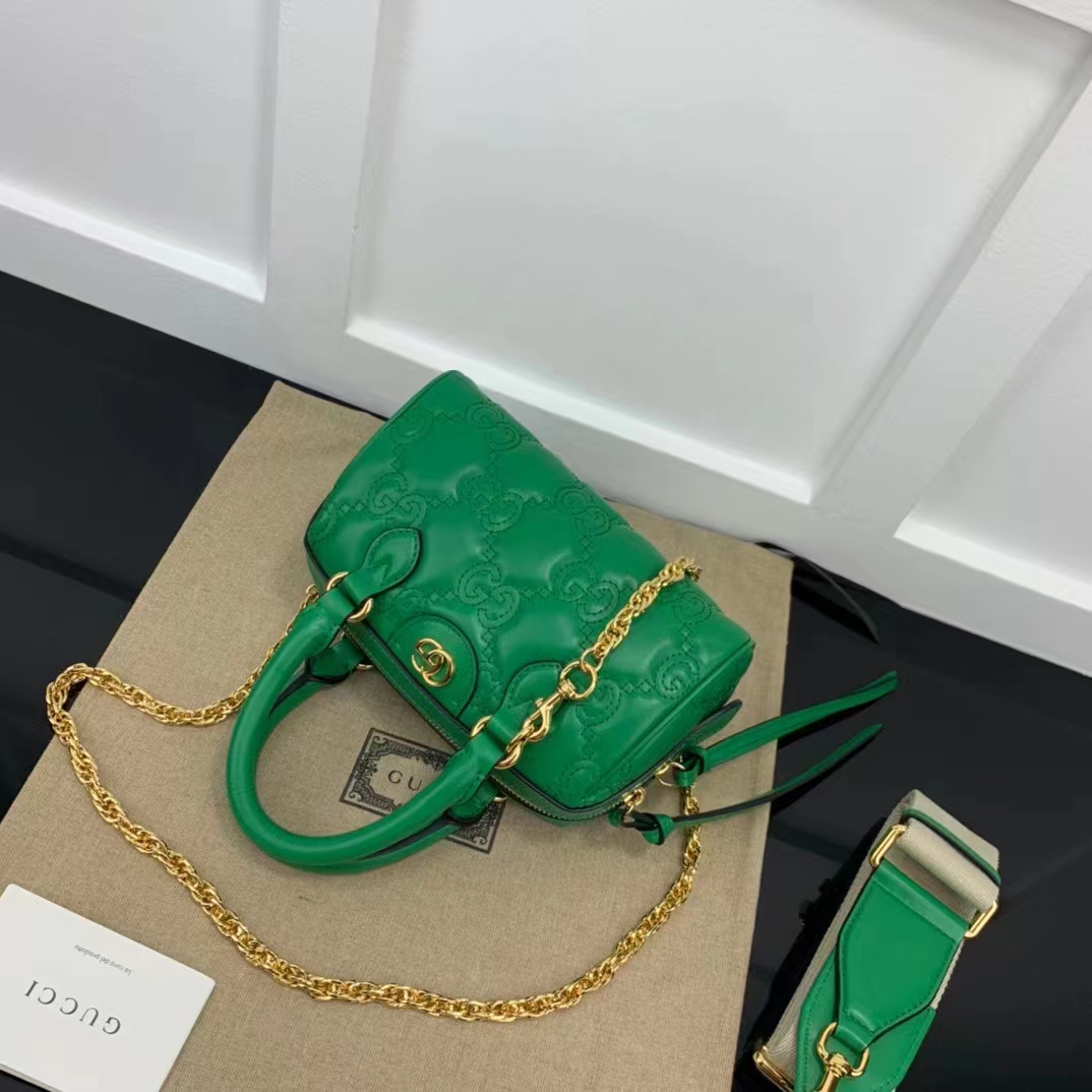 Gucci Women GG Matelassé Leather Top Handle Bag Bright Green Double G