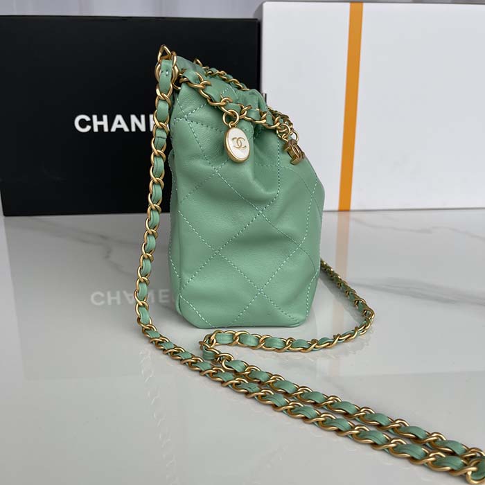 Chanel Women CC Small Bucket Bag Lambskin Resin Gold-Tone Metal Light Green