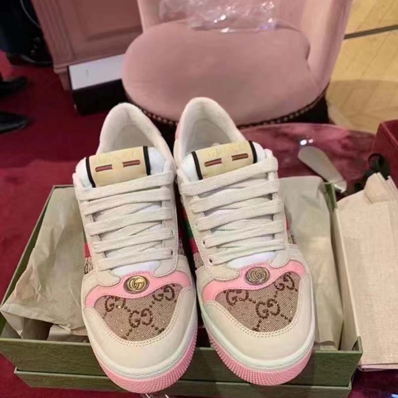 Gucci Unisex Screener Sneaker Crystals Beige Ebony GG Canvas 3.6 cm Heel