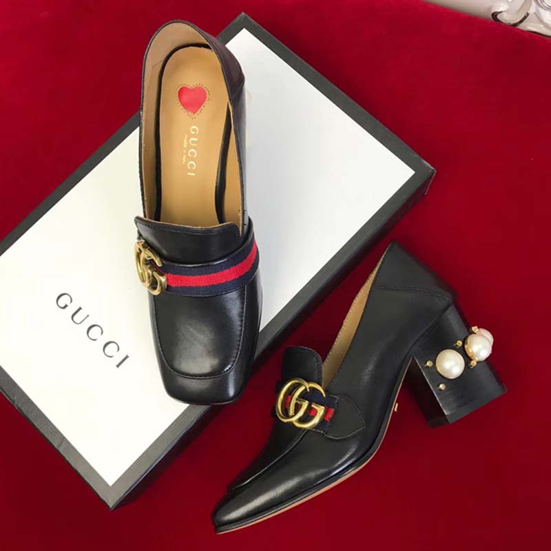 Gucci Women Leather Mid-Heel Loafer 3″ Heel-Black
