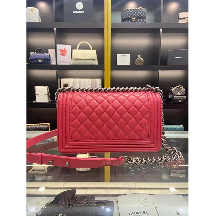 Chanel Women CC Leboy Flap Bag Chain in Calfskin Leather-Red