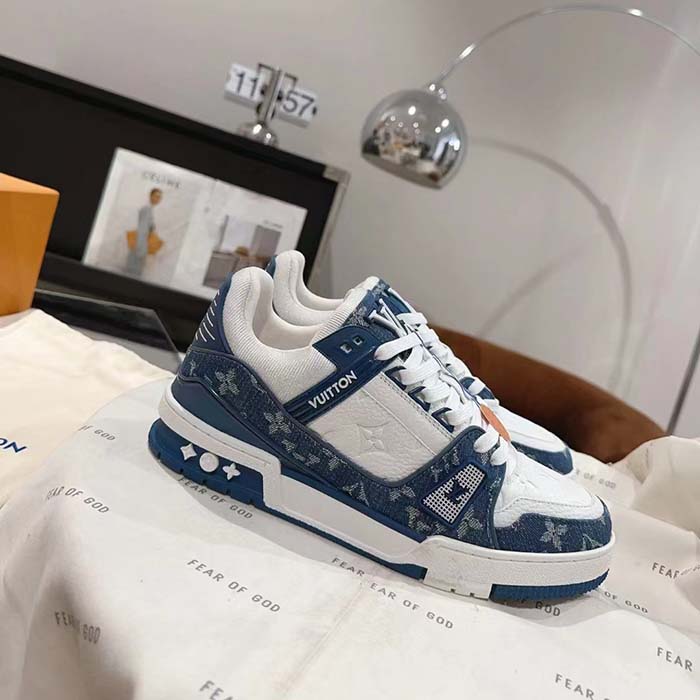 Louis Vuitton Unisex LV Trainer Sneaker Blue Monogram Denim Monogram-Embossed Grained Calf Leather