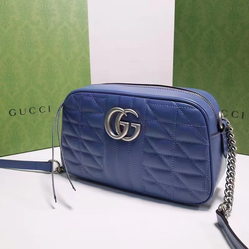 Gucci Unisex GG Marmont Matelassé Shoulder Bag Blue Matelassé Leather Double G