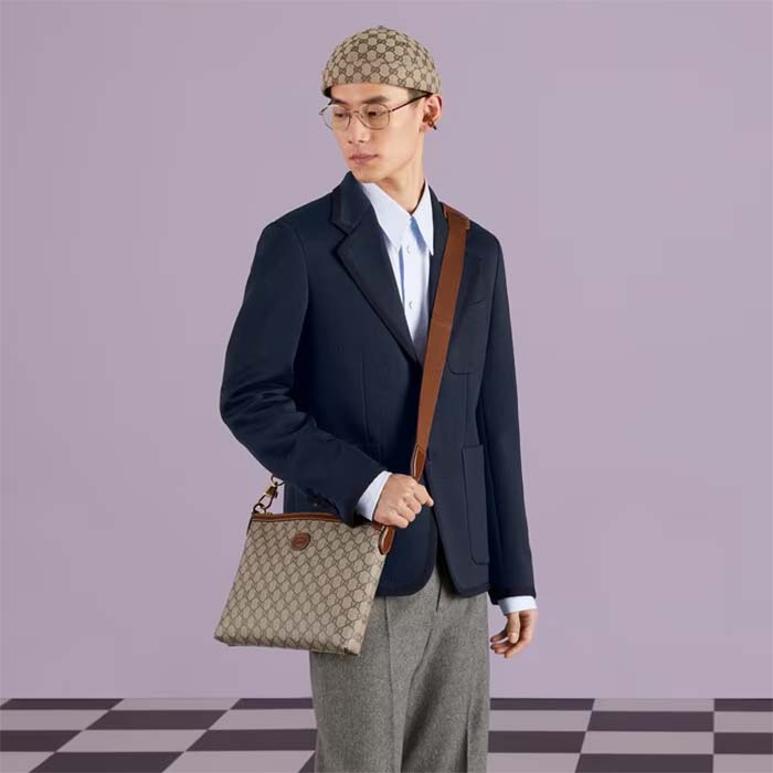 Gucci Unisex Messenger Bag Interlocking G Beige Ebony GG Supreme Canvas Brown Leather