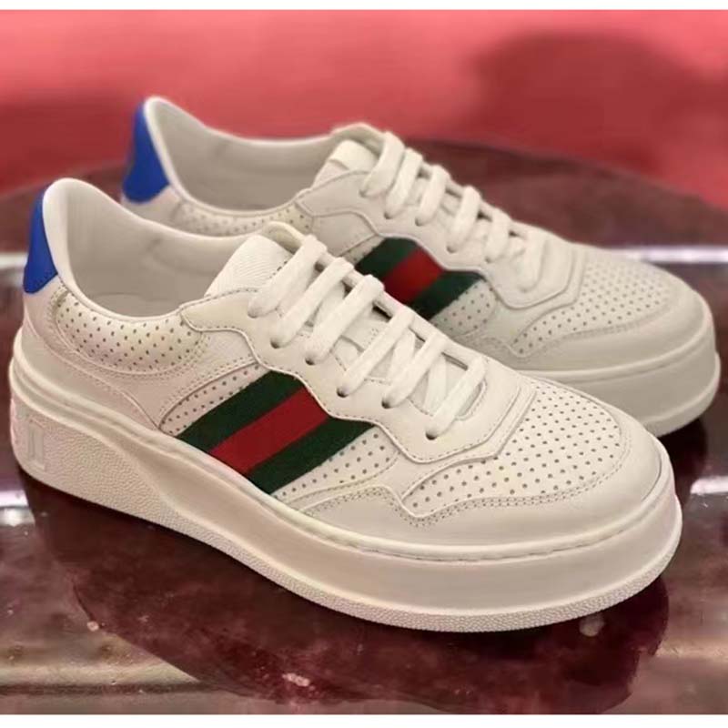 Gucci Unisex Sneaker Web White Leather Green Red Web Lace Up Flat