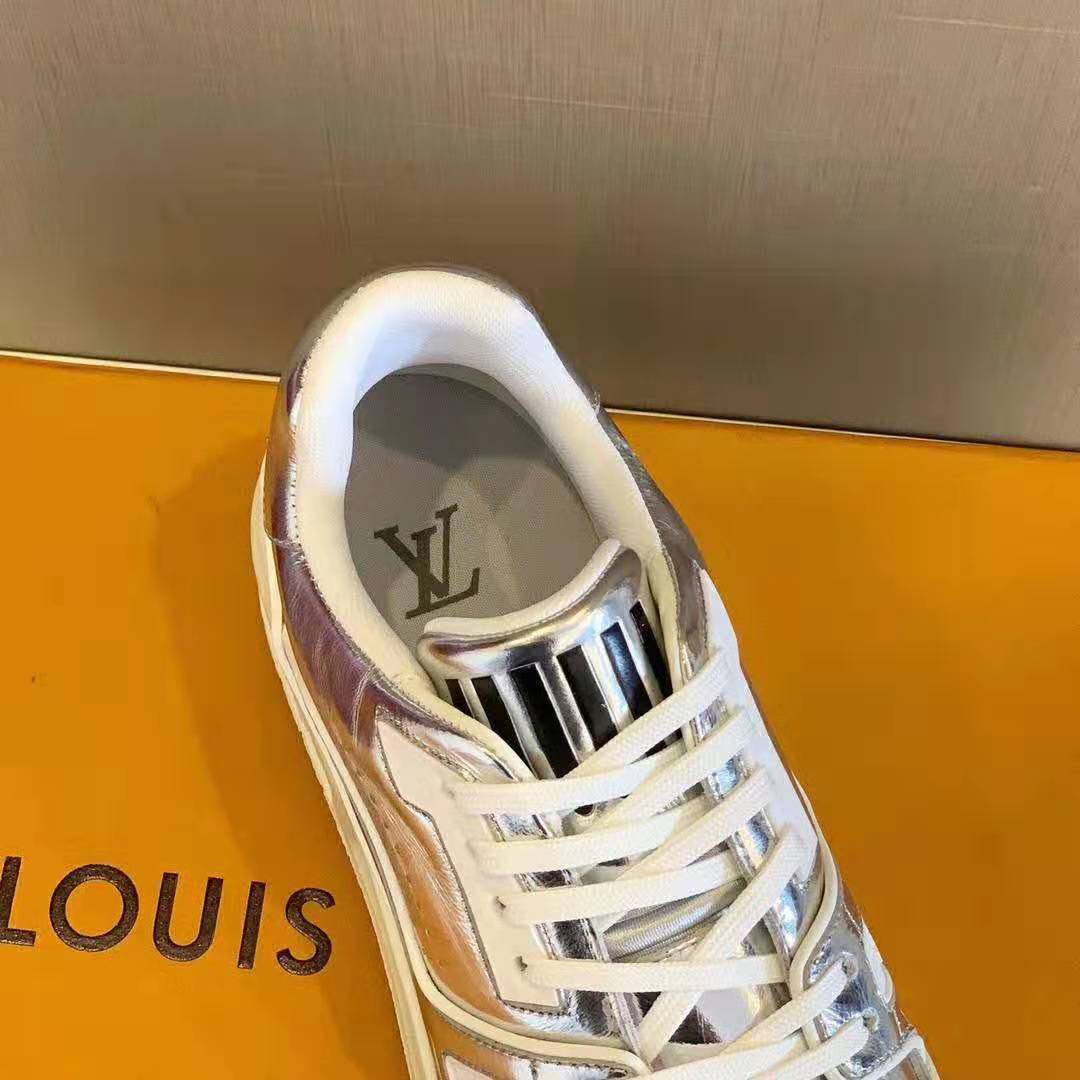 Louis Vuitton LV Men LV Trainer Sneaker in Metallic Silver Leather with Louis Vuitton Script Signature