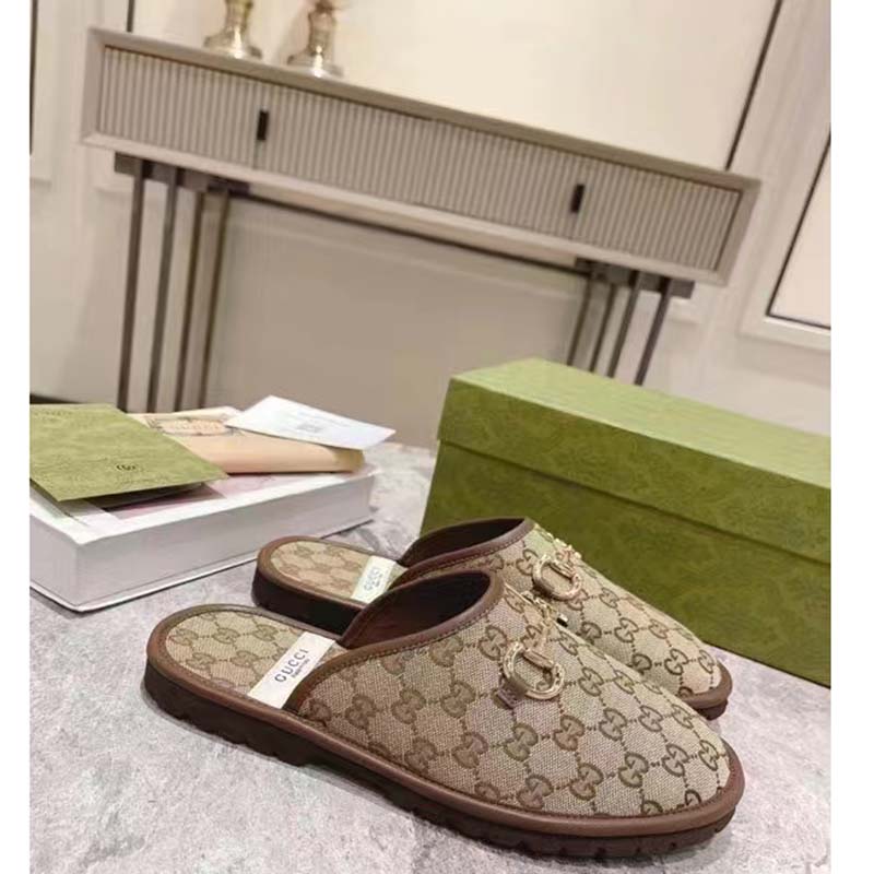 Gucci Unisex Slipper with Horsebit GG Supreme Canvas Gold-Toned Hardware