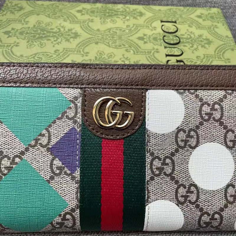 Gucci Unisex GG Ophidia Zip Around Wallet Beige Ebony GG Supreme Canvas