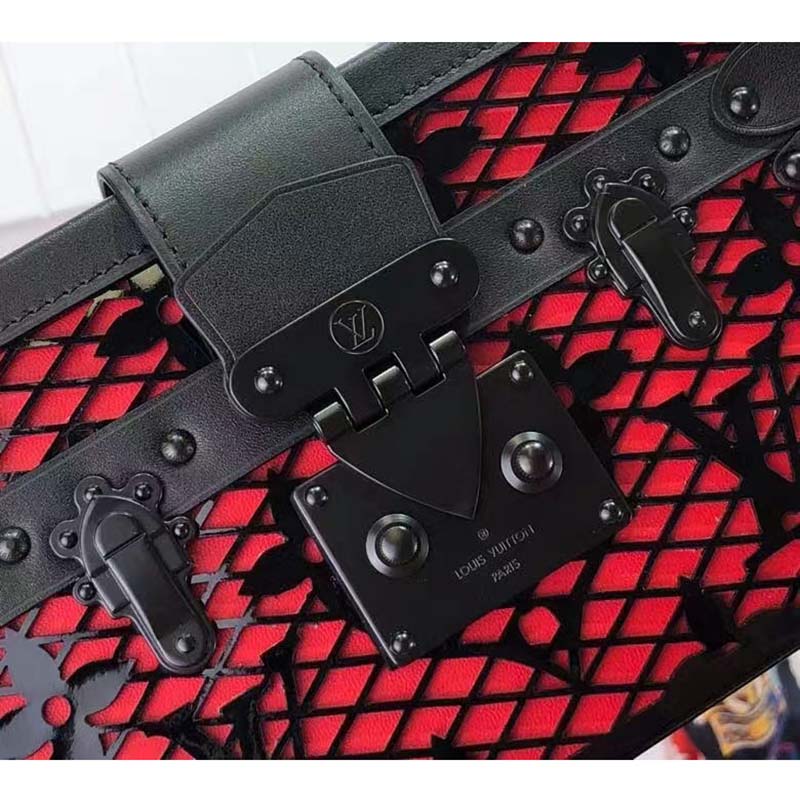 Louis Vuitton LV Women Petite Malle Handbag Black Patent Calfskin Cowhide Leather