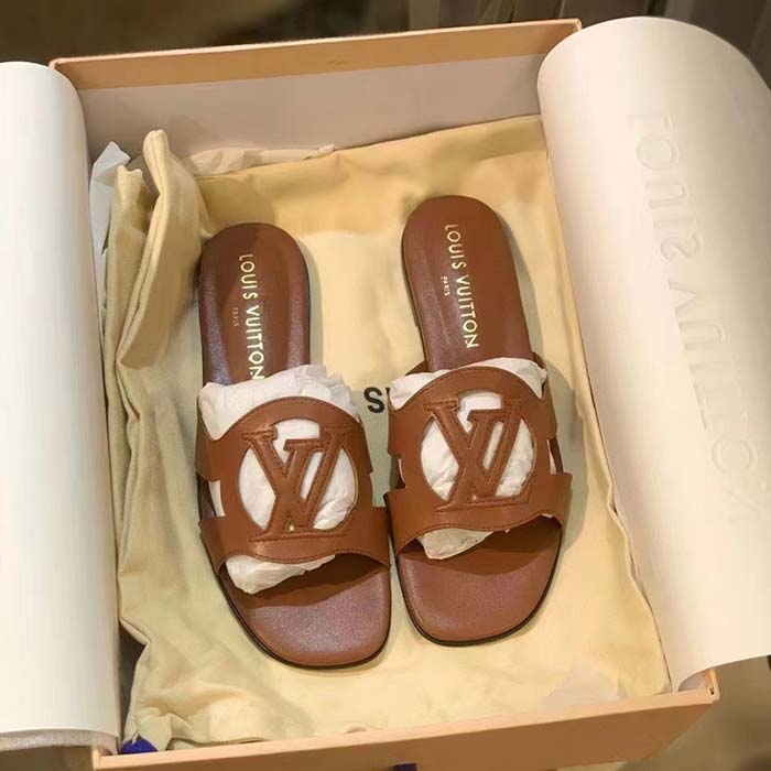 Louis Vuitton LV Unisex Isola Flat Mule Cognac Brown Calf Leather Circle Signature