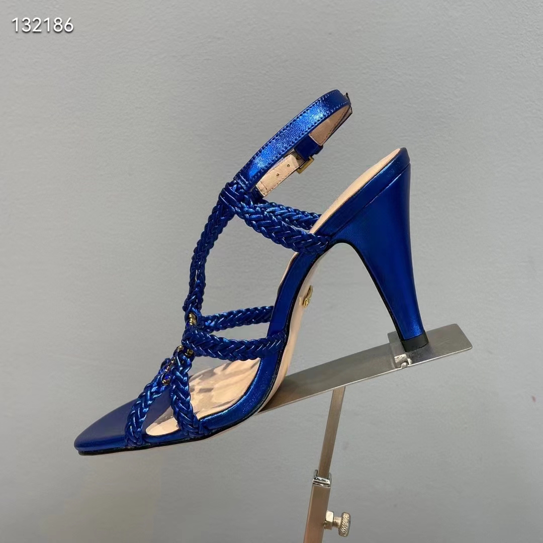 Gucci Women GG Cystal Interlocking G Sandal Blue Metallic Braided High 9 CM Heel