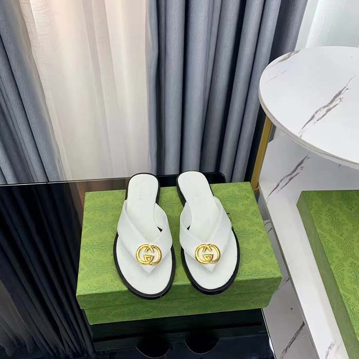 Gucci Unisex GG Interlocking G Thong Sandal White Leather Flat