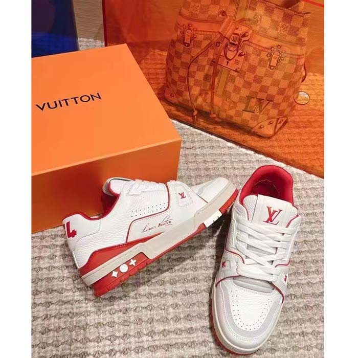 Louis Vuitton Unisex LV Trainer Sneaker Red Grained Calf Leather Rubber Initials