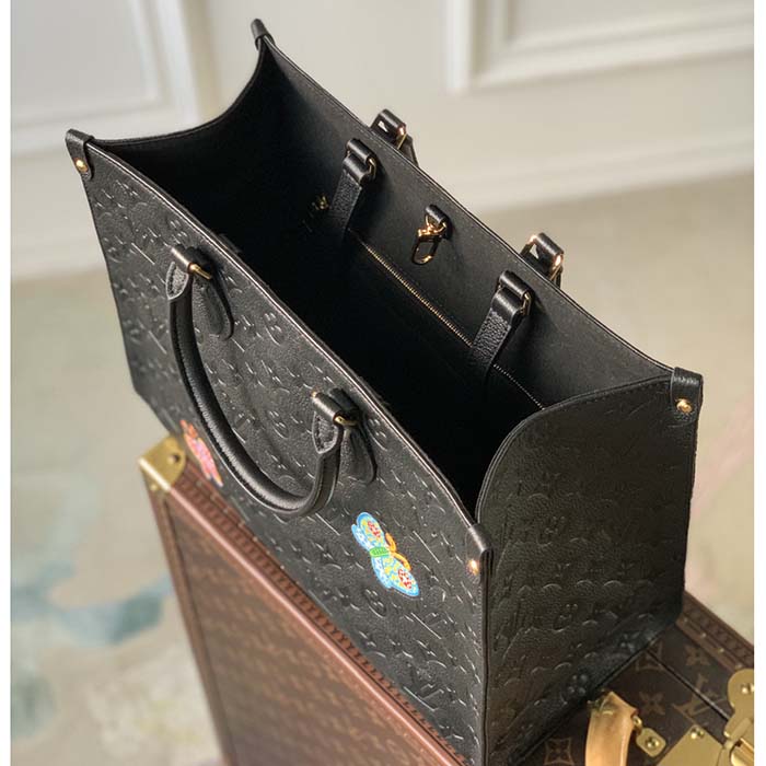 Louis Vuitton LV Women LV x YK OnTheGo MM Black Embossed Grained Monogram Cowhide Leather Flower