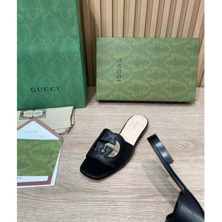 Gucci Women Interlocking G Cut Out Slide Sandal Black Leather Flat