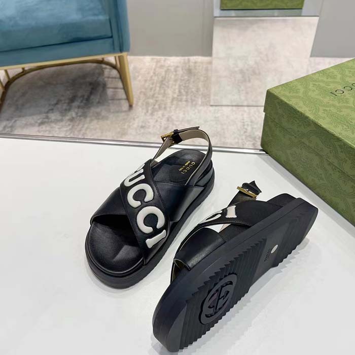 Gucci Unisex GG Sandal Black White Leather Script Rubber Buckle Flat