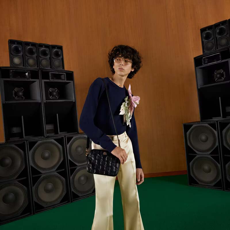 Gucci Women GG Matelassé Leather Shoulder Bag Black Double G