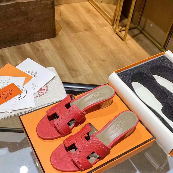 Hermes Women Oasis Sandal Red Calfskin Iconic “H” 5.6cm Heel