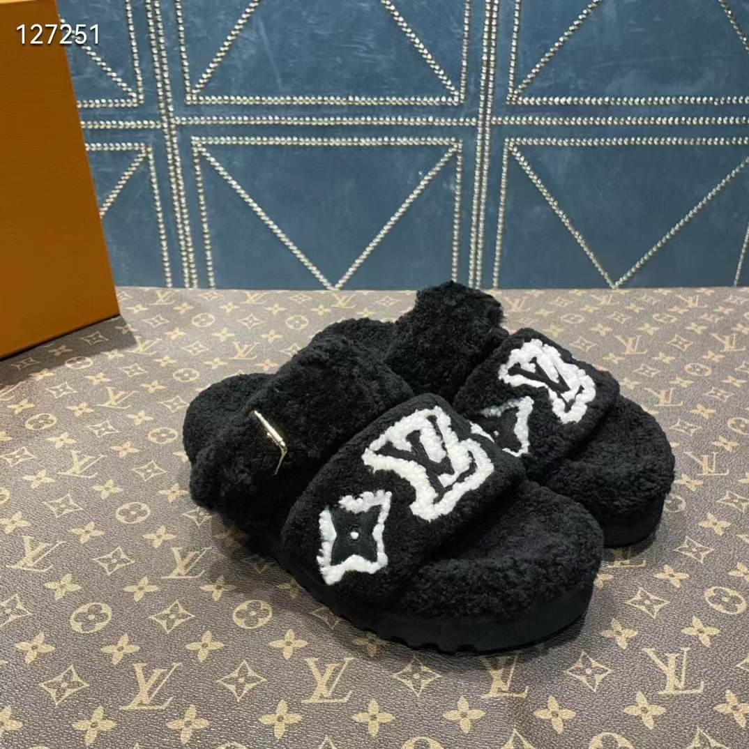 Louis Vuitton LV Unisex Paseo Flat Comfort Mule Black Shearling Monogram Flowers