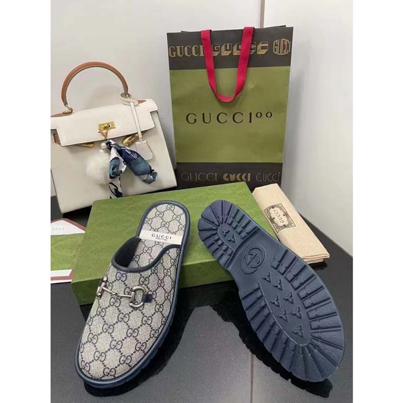 Gucci Unisex Slipper Blue Beige GG Supreme Canvas Rubber Sole Low 1 Cm Heel