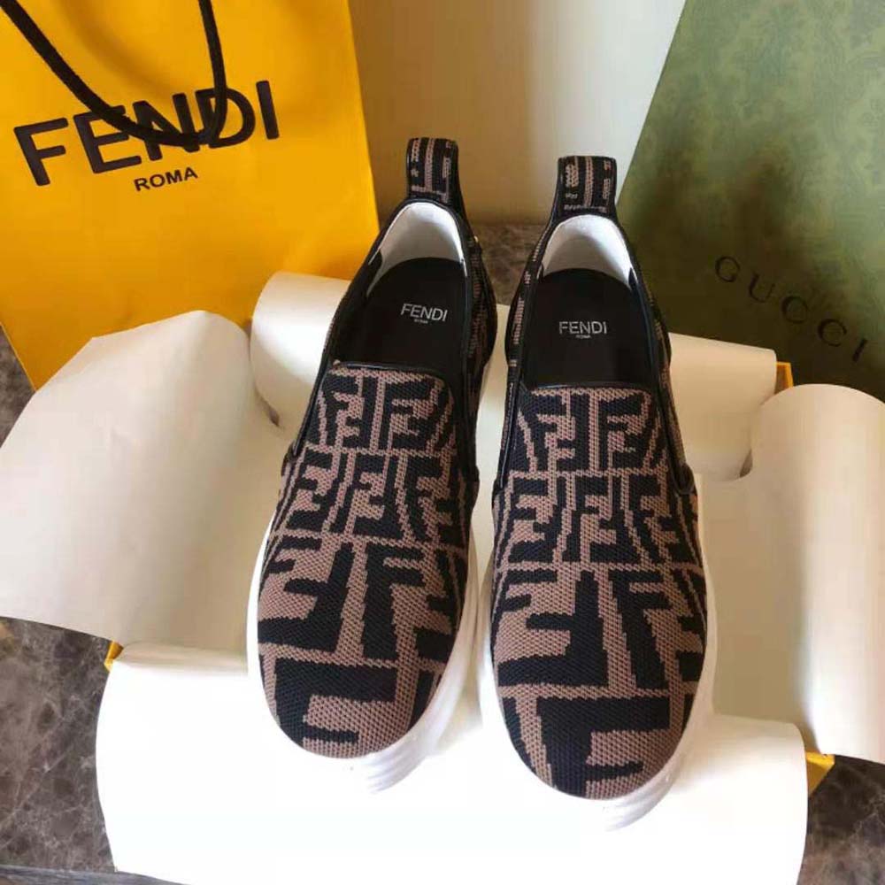 Fendi Women Rise Brown Fabric Slip Ons