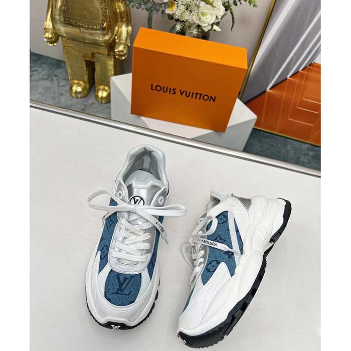 Louis Vuitton LV Unisex Run 55 Sneaker Denim Blue Monogram Denim Lifted Rubber
