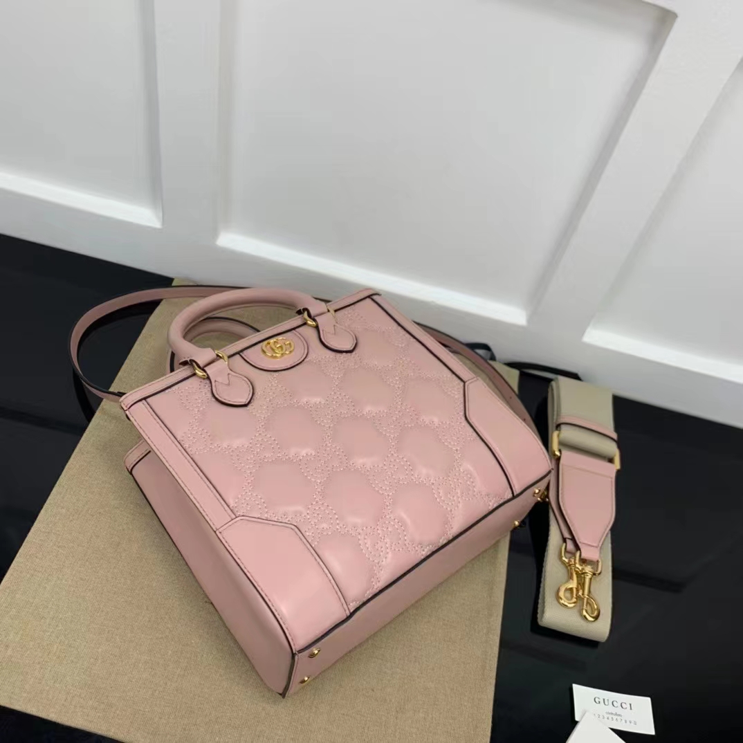 Gucci Women GG Matelassé Mini Top Handle Bag Pink Leather Double G