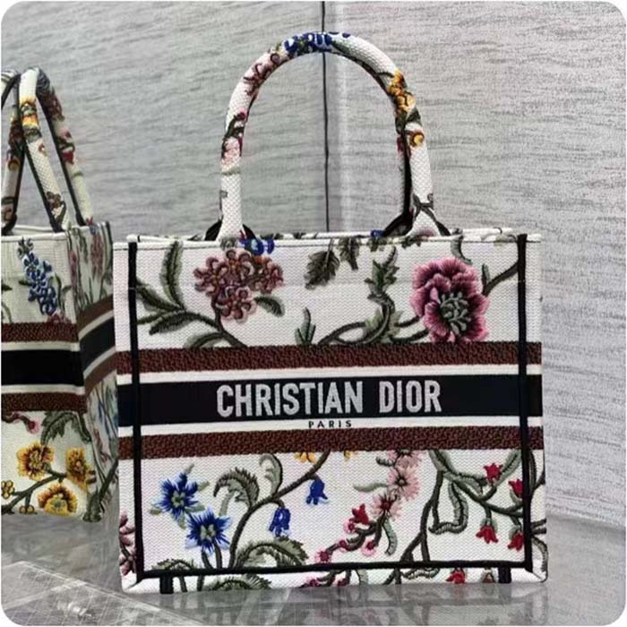 Dior Women CD Medium Book Tote White Multicolor Dior Petites Fleurs Embroidery