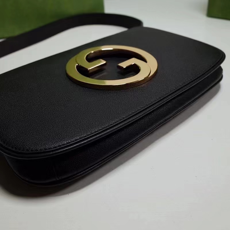 Gucci Women GG Blondie Shoulder Bag Black Leather Round Interlocking G