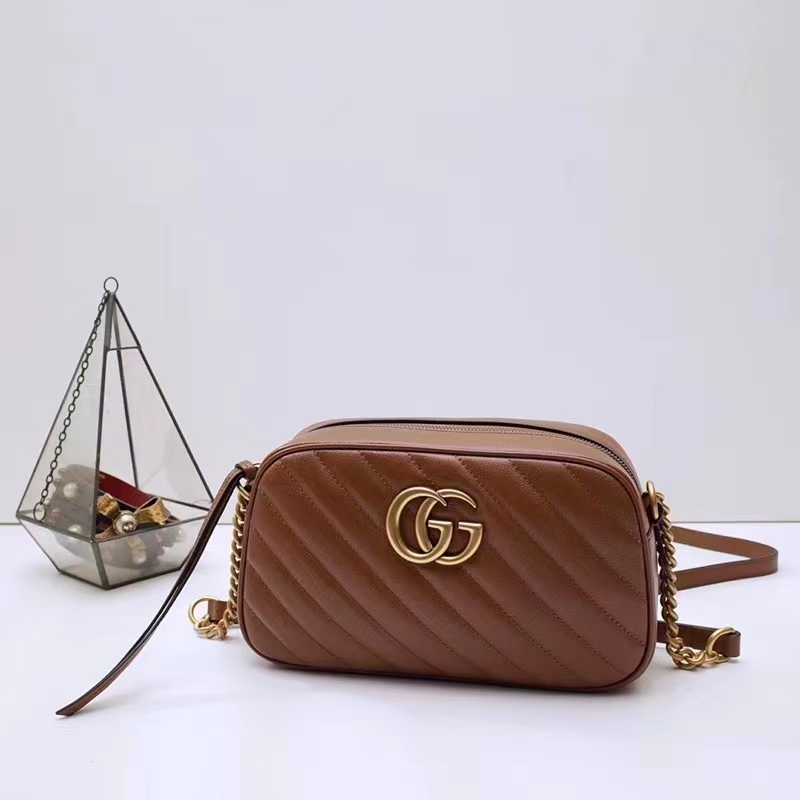 Gucci Women GG Marmont Small Matelassé Shoulder Bag Brown Leather Double G