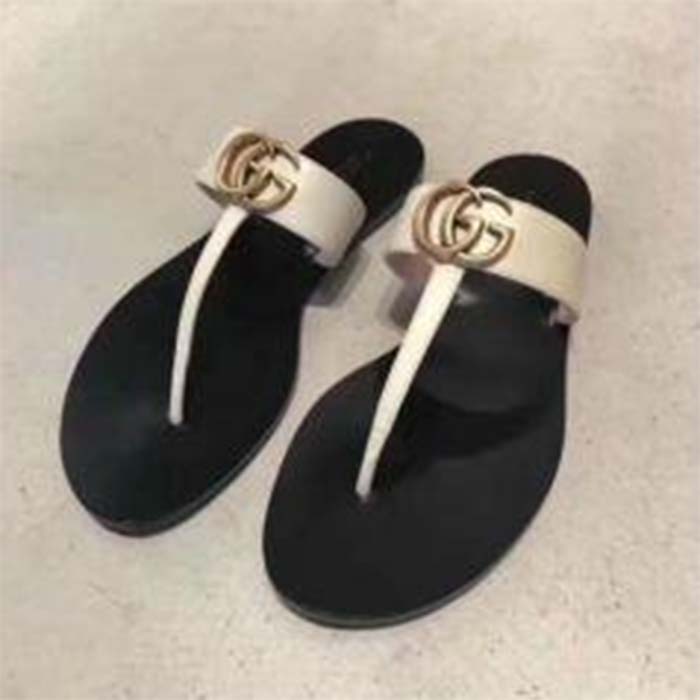 Gucci Unisex GG Leather Thong Sandal Double G White Leather Interlocking G Flat