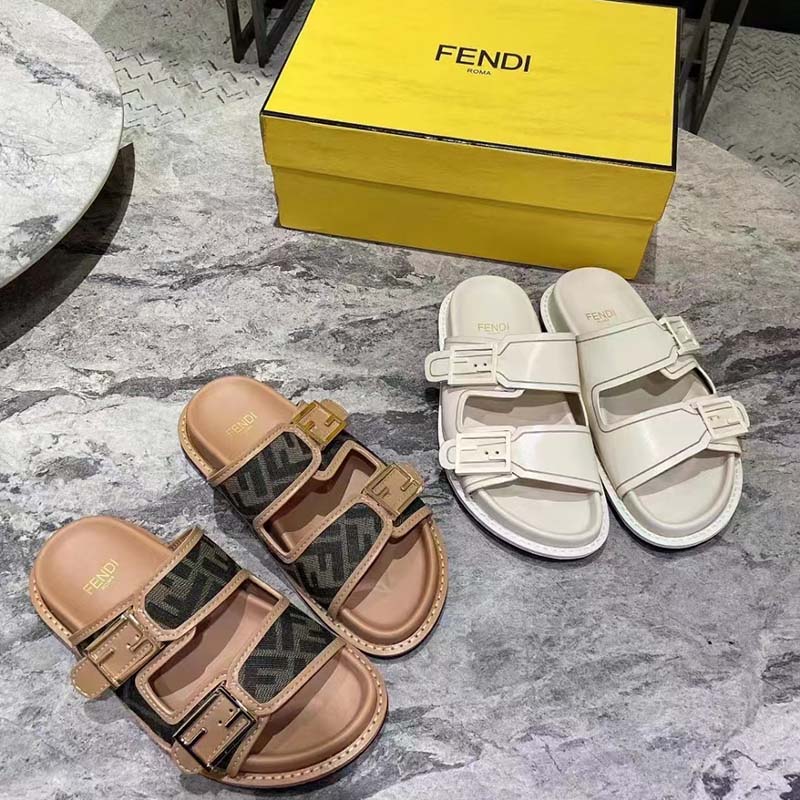 Fendi Women FF Fendi Feel White Leather Slides 0.5 Cm Heel