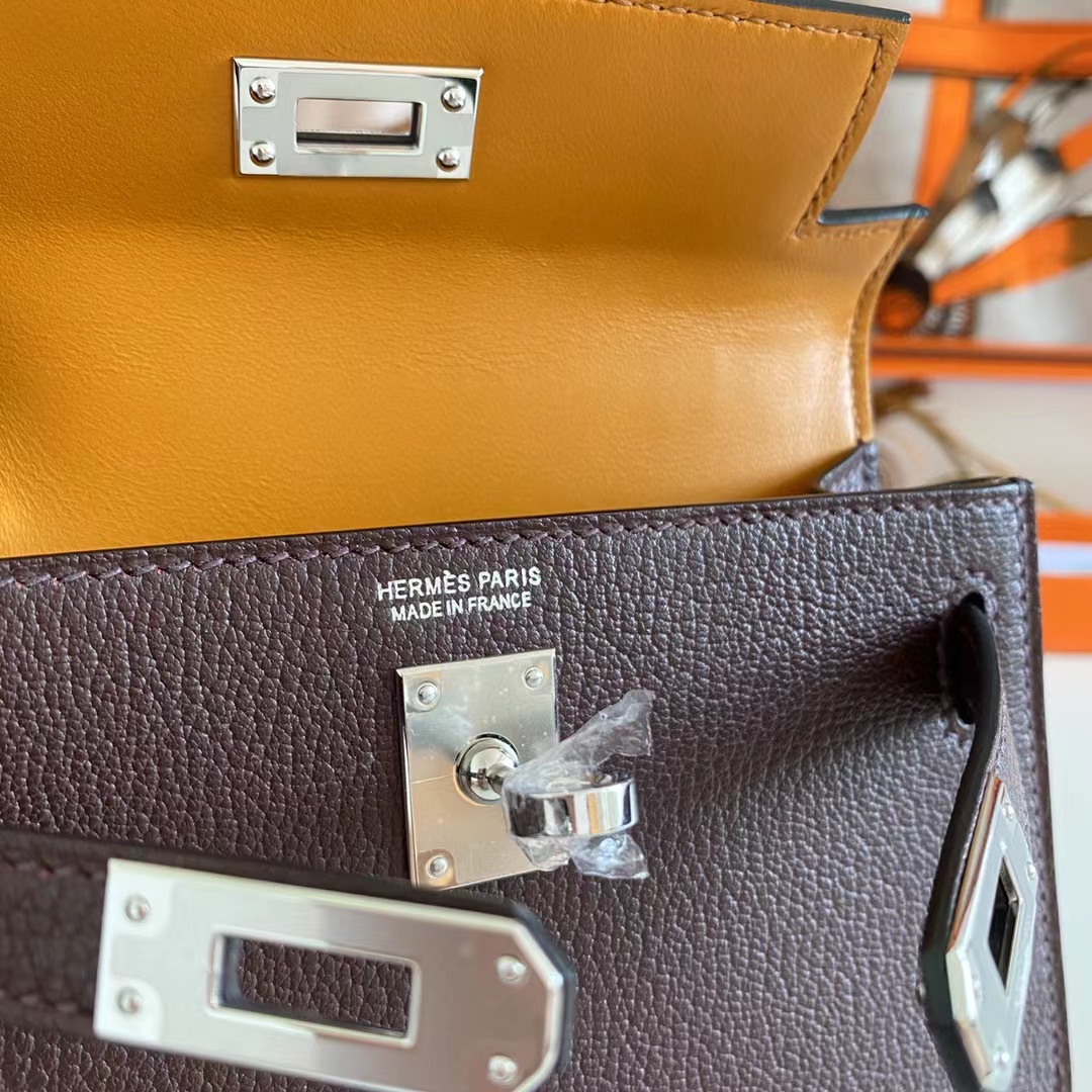 Hermes Women Mini Kelly 20 Bag Suede Leather Silver Hardware-Chocolate