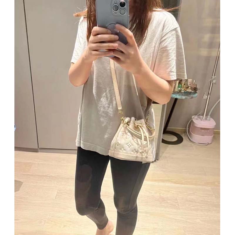 Louis Vuitton LV Women Nano Noé Bucket Bag Beige Monogram Embossed Supple Grained Cowhide