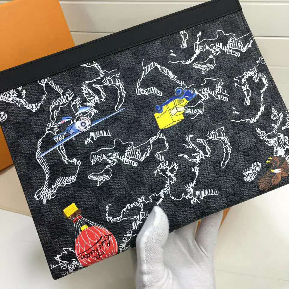 Louis Vuitton LV Unisex Pochette Voyage MM Bag in Damier Graphite Coated Canvas-Grey