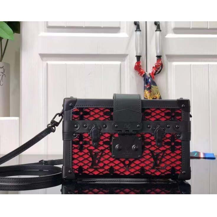 Louis Vuitton LV Women Petite Malle Handbag Black Patent Calfskin Cowhide Leather