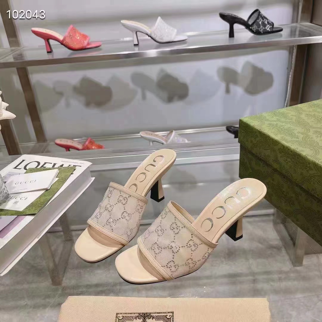 Gucci Women GG Mid Heel Slide Sandal Rose Beige GG Crystal Mesh 7.6 CM Heel